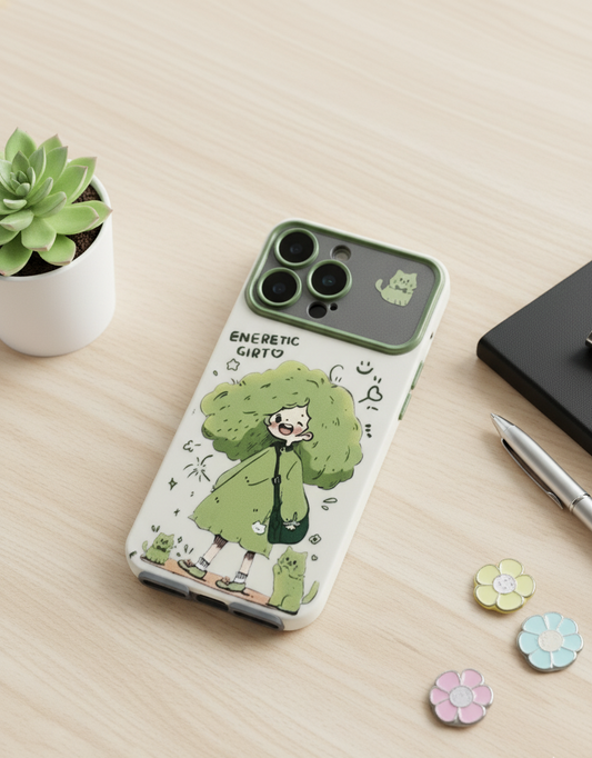 Phone case with a cartoon design of a girl with a green tree-like hair on a wooden surface.