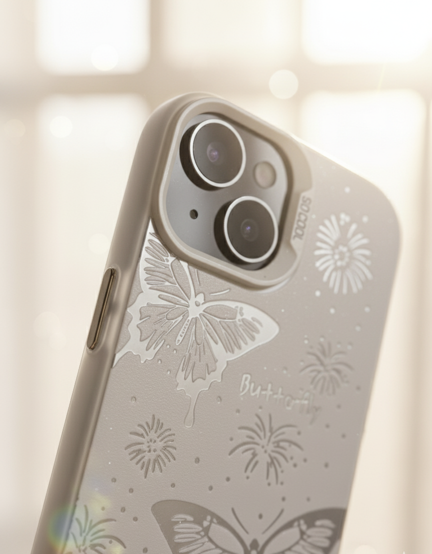 Phone case with butterfly design on a light background