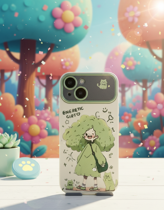 Phone case with a cartoon character design on a colorful, cartoon-like background