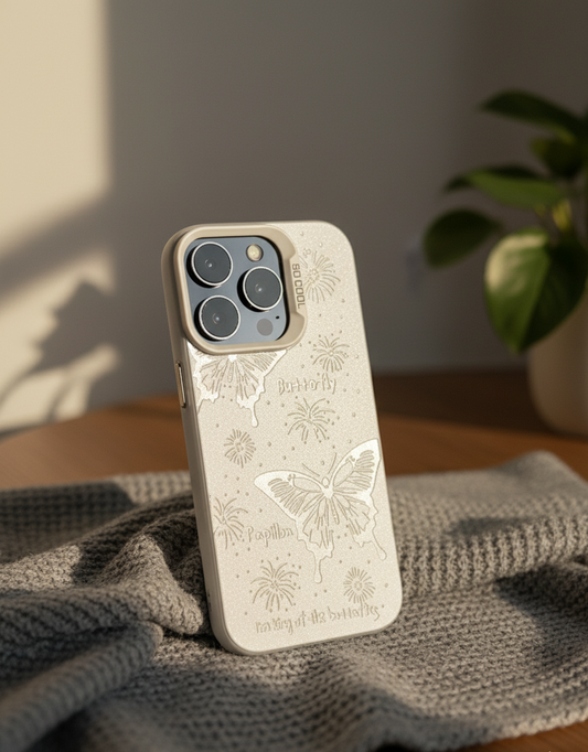 Phone case with butterfly design on a textured surface