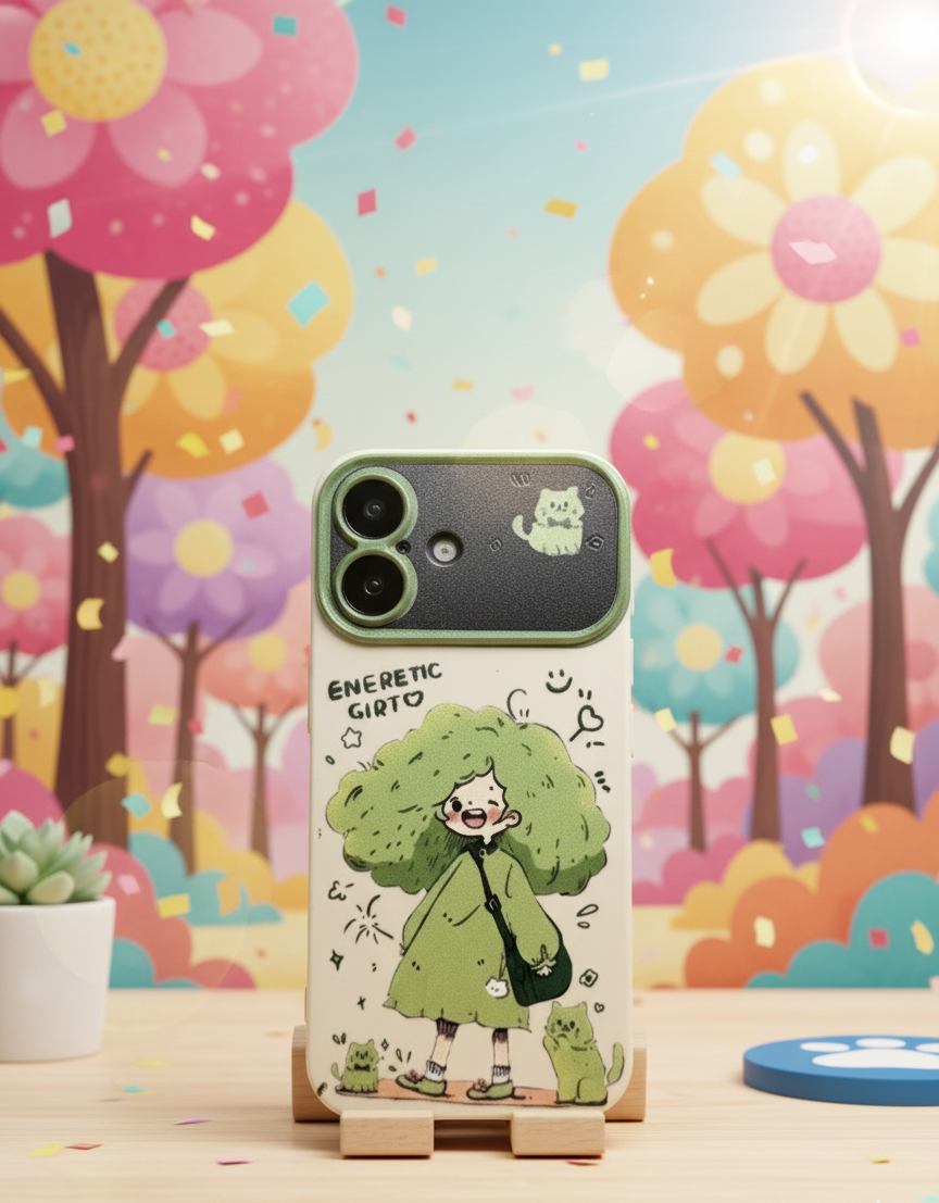 Phone case with cartoon design on a colorful background