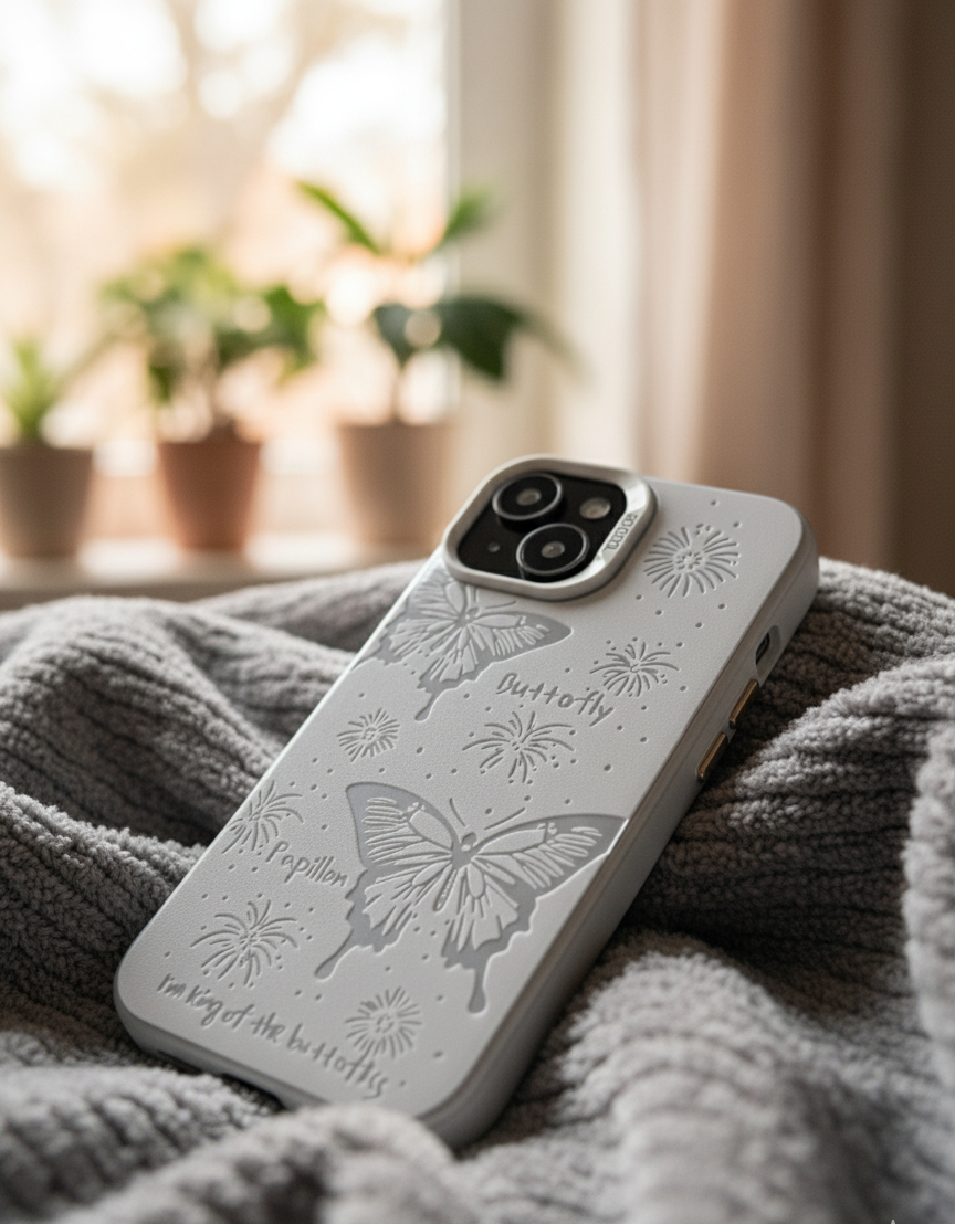 Phone case with butterfly design on a textured surface