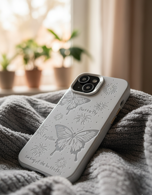 Phone case with butterfly design on a textured surface