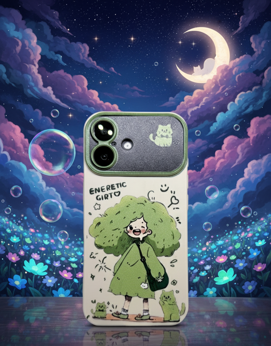 Phone case with a character design against a colorful night sky background