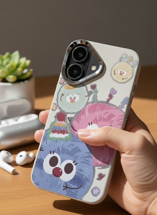 Phone case with cartoon character design held by a hand on a wooden surface.