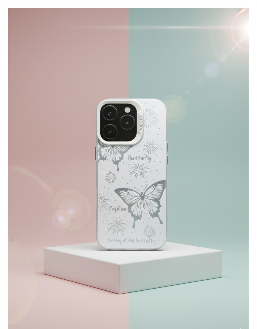 Phone case with butterfly design on a white platform against a pastel background