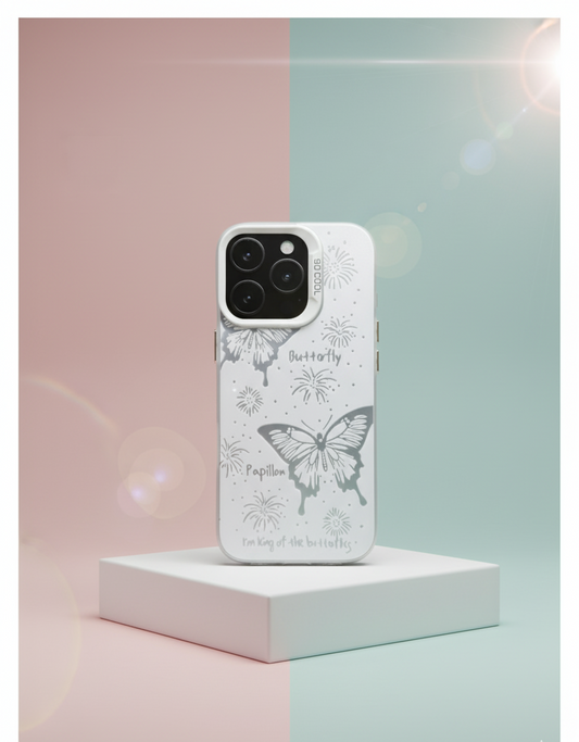 Phone case with butterfly design on a white platform against a pastel background