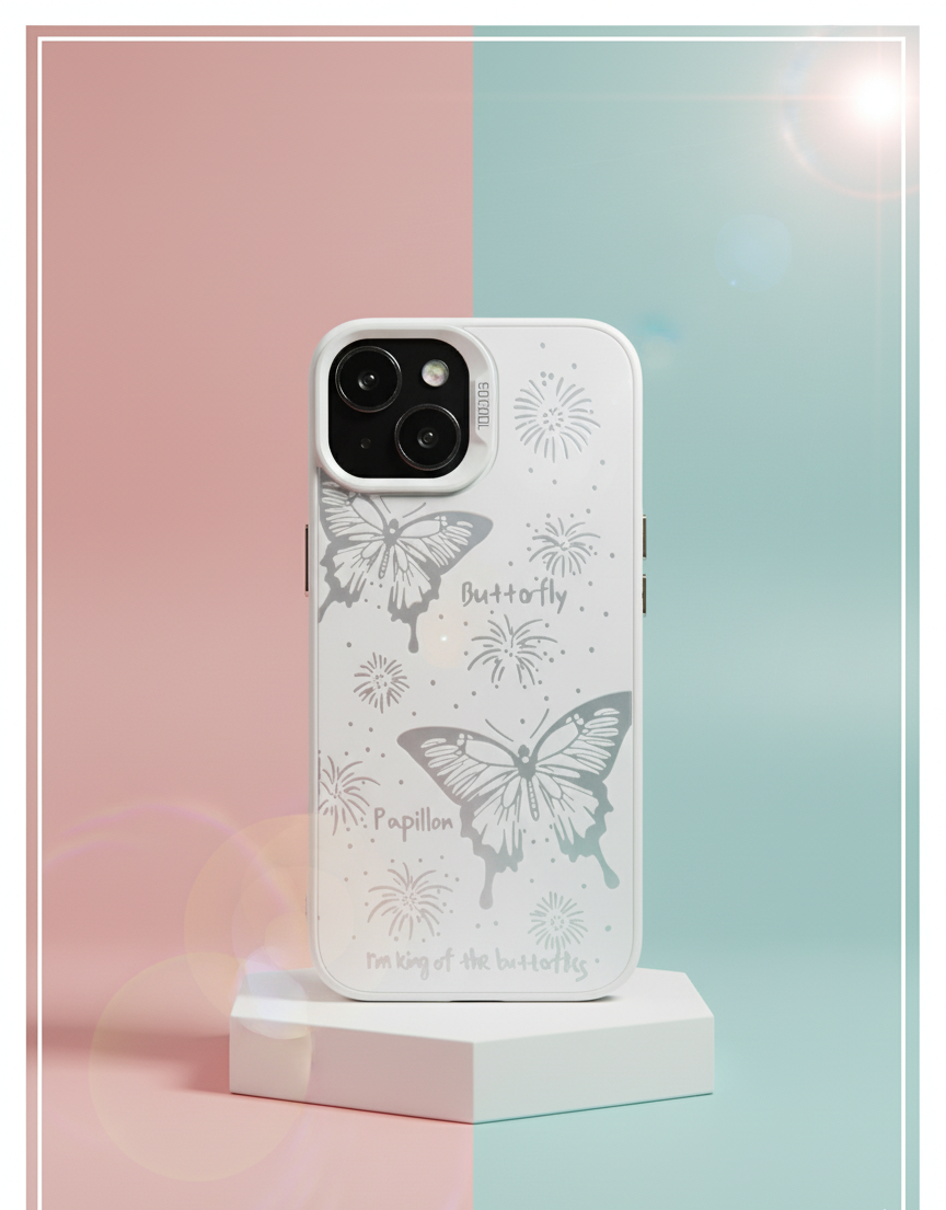 Phone case with butterfly design on a stand against a pastel background