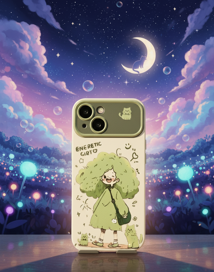 Phone case with a cartoon character design against a colorful sky background