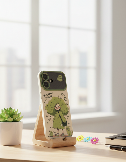 Phone case with cartoon design on a stand on a desk