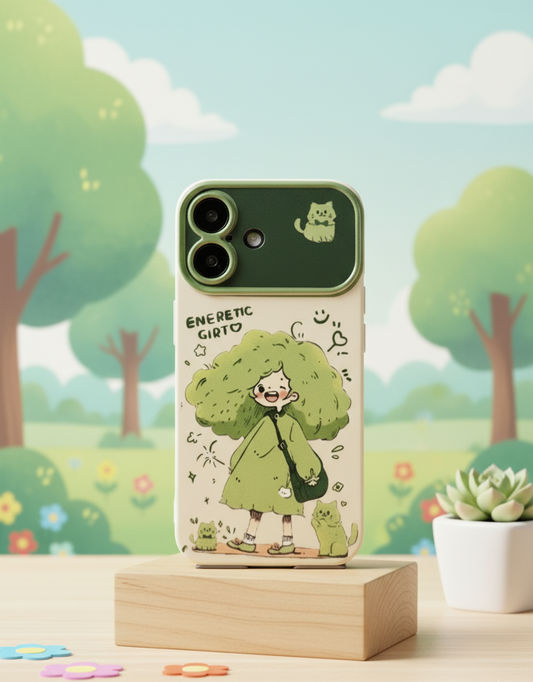 Phone case with cartoon design on a wooden block against a nature-themed background