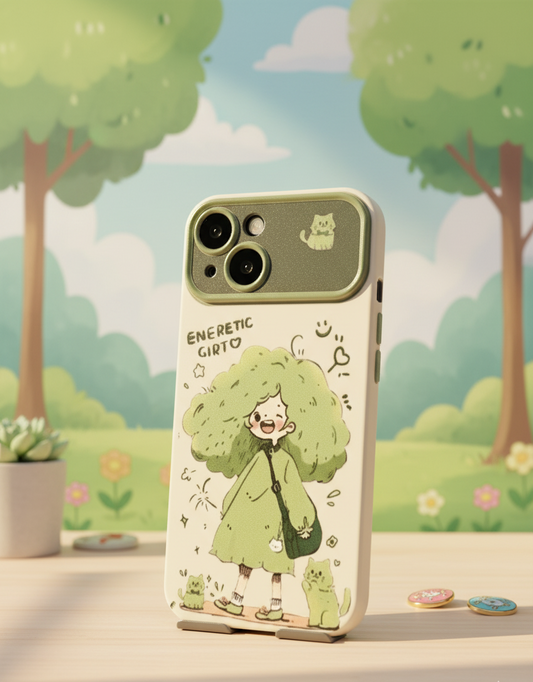Phone case with a cartoon character holding a green umbrella in front of a scenic background