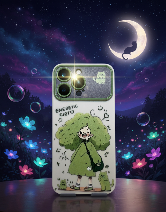 Phone case with cartoon design of a girl and cat against a colorful night sky background