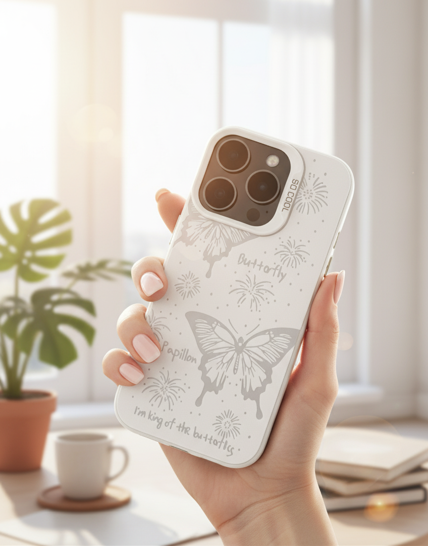Hand holding a phone case with butterfly design in a bright room