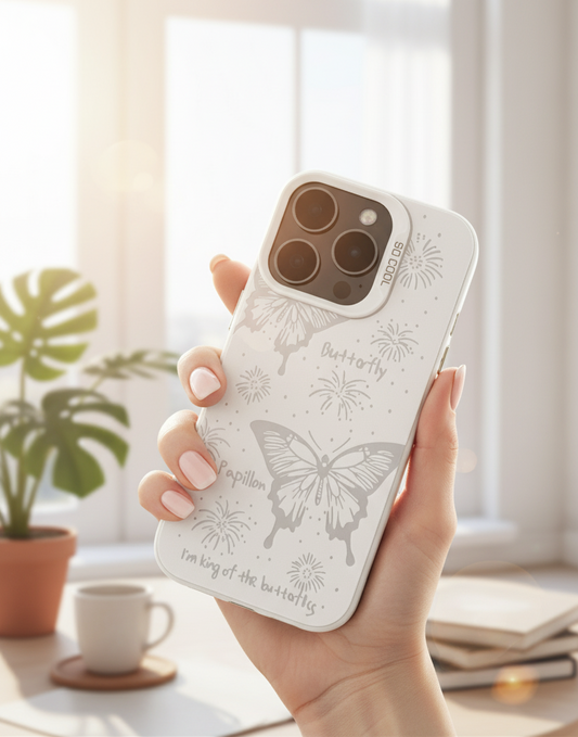 Hand holding a phone case with butterfly design in a bright room