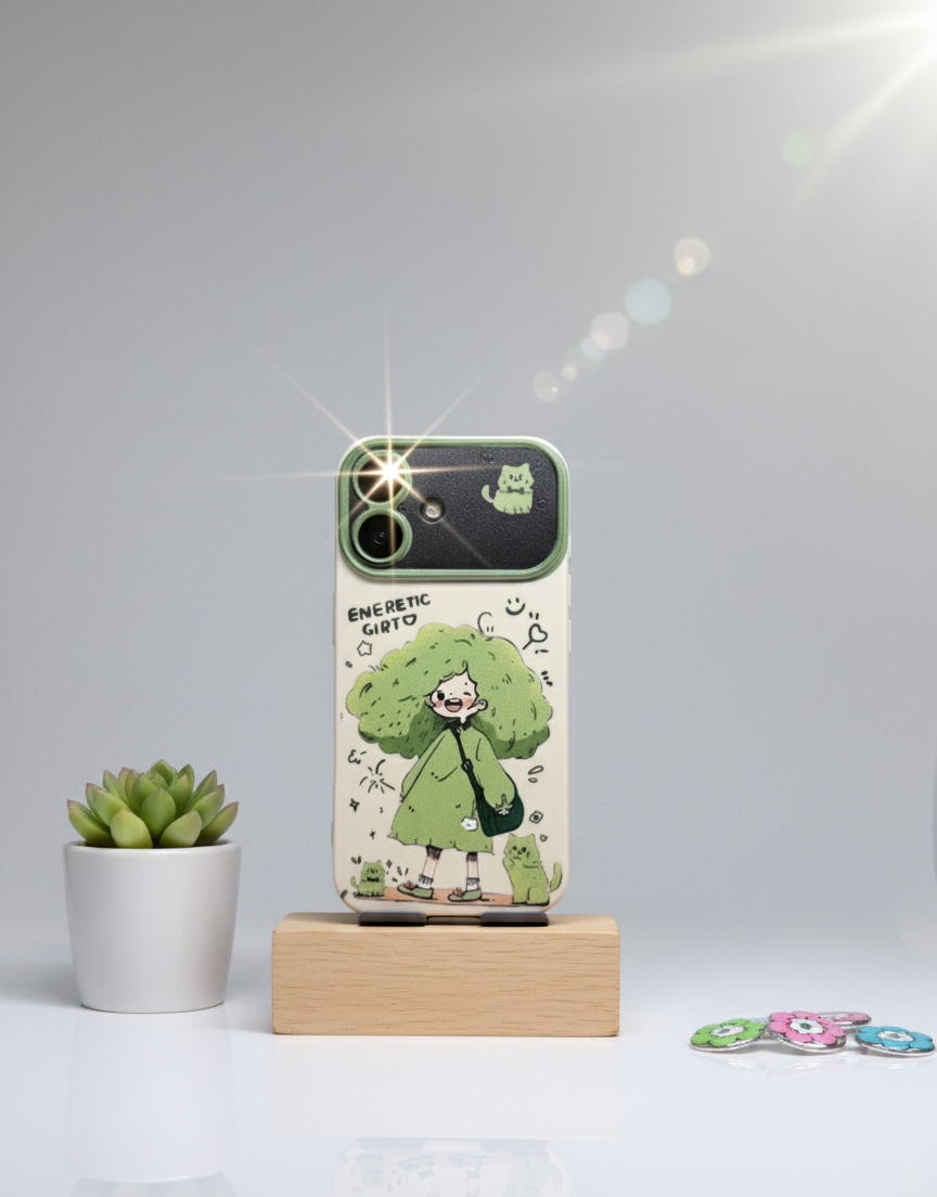 Phone case with green character design on a stand, potted plant, and fidget spinner in the background