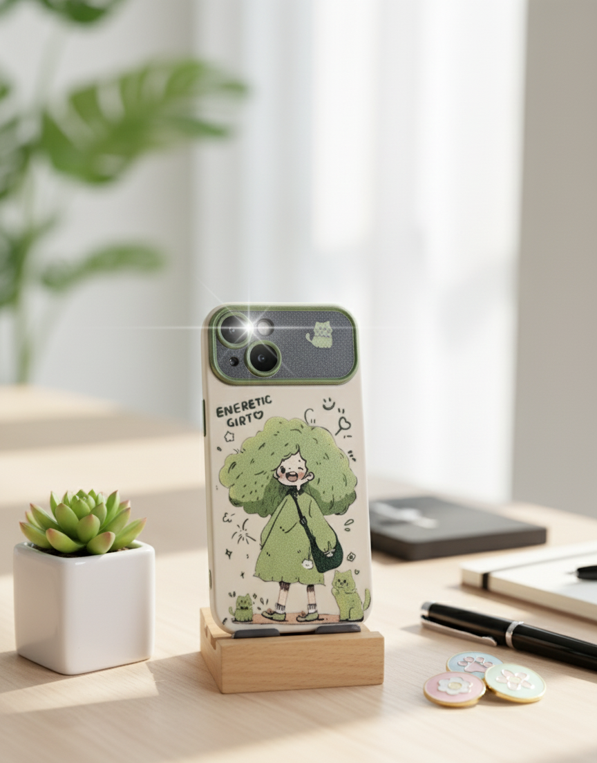Phone case with a character design on a wooden stand with a plant and notebook in the background