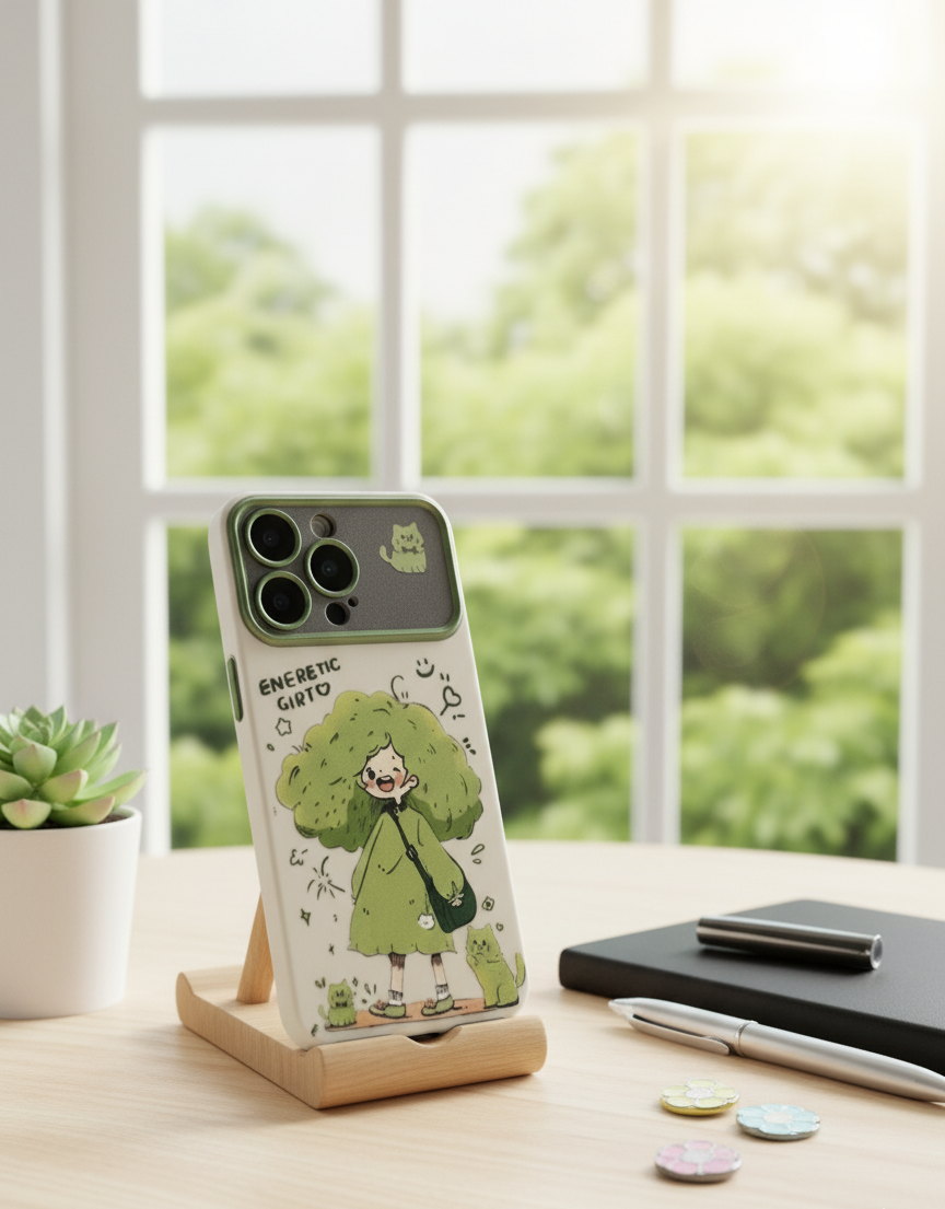 Phone case with a green character design on a stand in front of a window with greenery outside