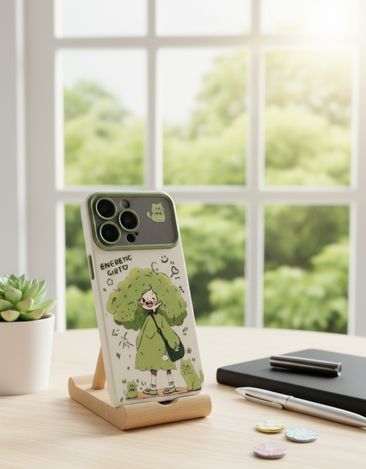 Phone case with a green character design on a stand in front of a window with greenery outside