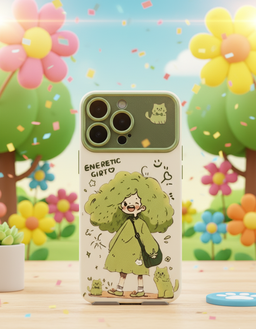 Phone case with a cartoon character on a colorful background